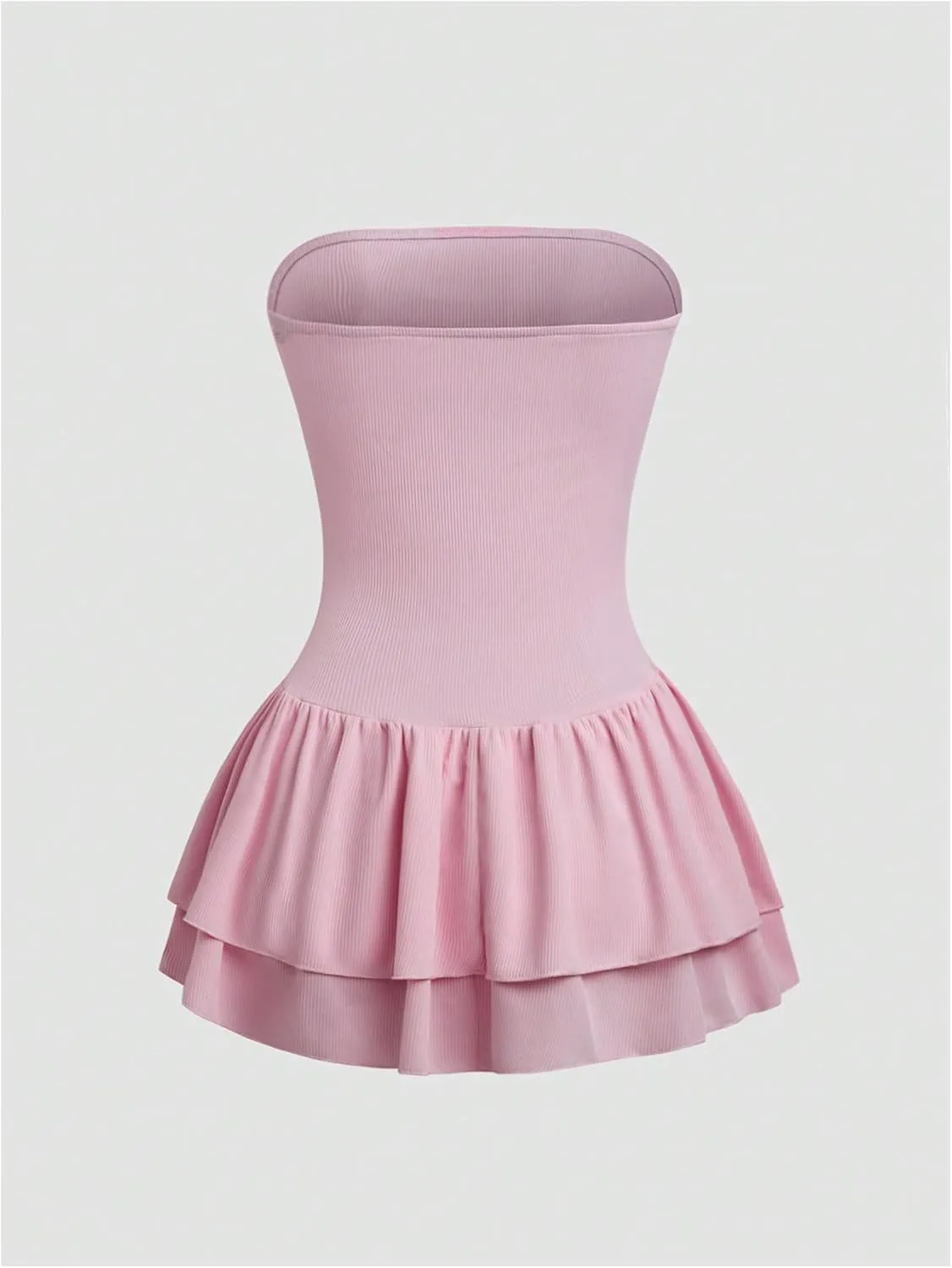 MakeMeChic Women's Lace Trim Bandeau Mini Dress Bow Knot Ruffle Tiered A Line Dresses