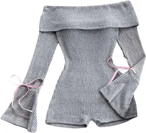 MakeMeChic Women's Off The Shoulder Bell Sleeve Romper Rib Knitted Bow Knot Skinny Fit Jumpsuits