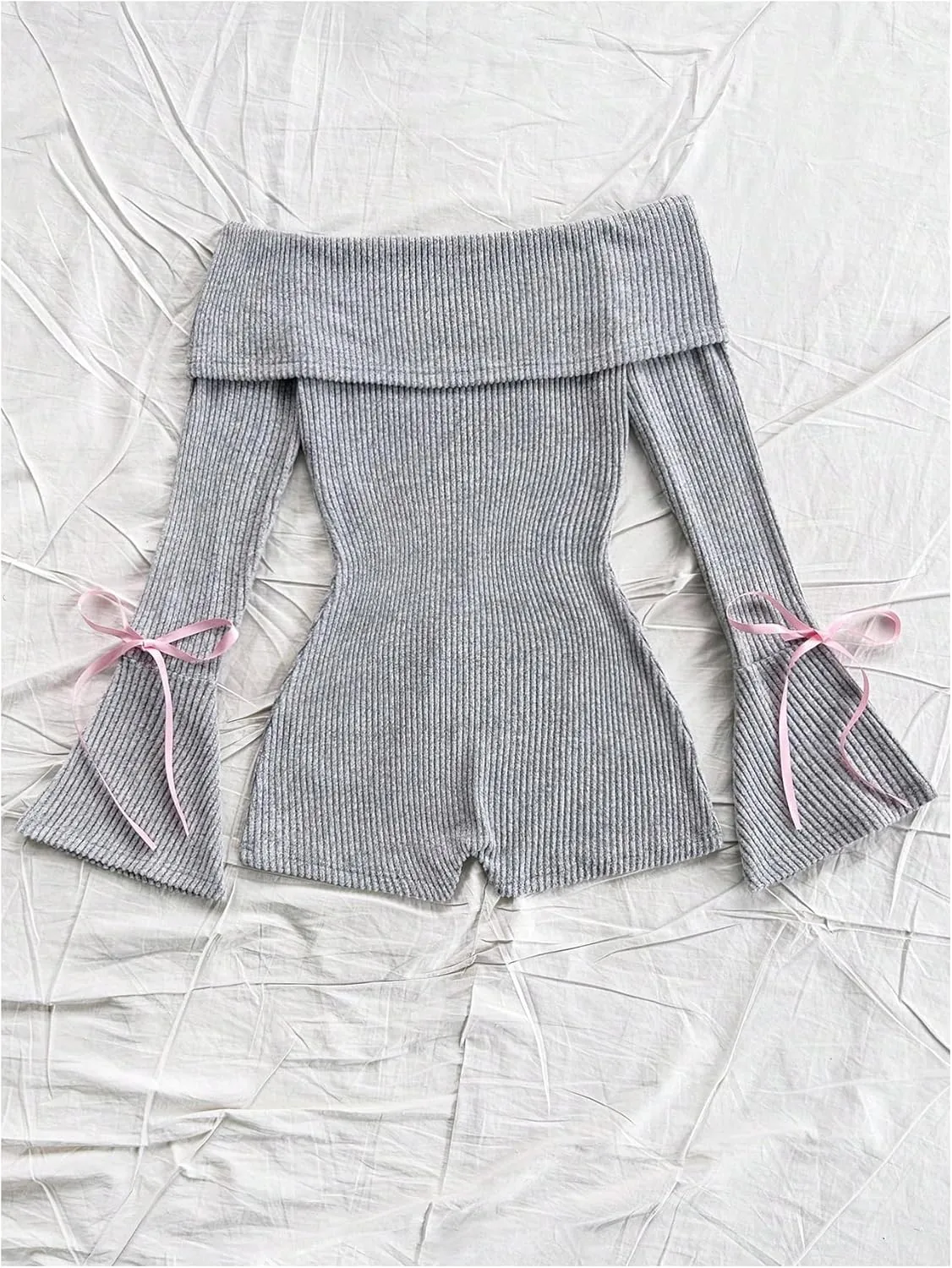 MakeMeChic Women's Off The Shoulder Bell Sleeve Romper Rib Knitted Bow Knot Skinny Fit Jumpsuits