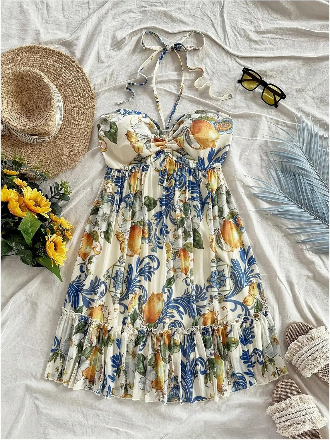 MakeMeChic Women's Paisley Print Halter Tie Back Sleeveless Ruched A Line Mini Dress