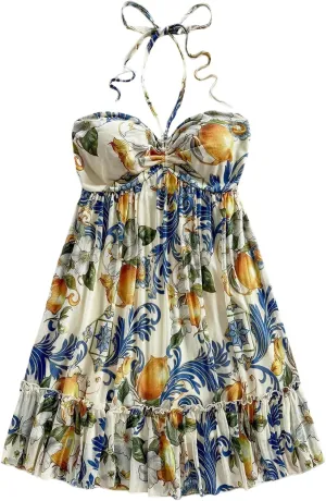 MakeMeChic Women's Paisley Print Halter Tie Back Sleeveless Ruched A Line Mini Dress