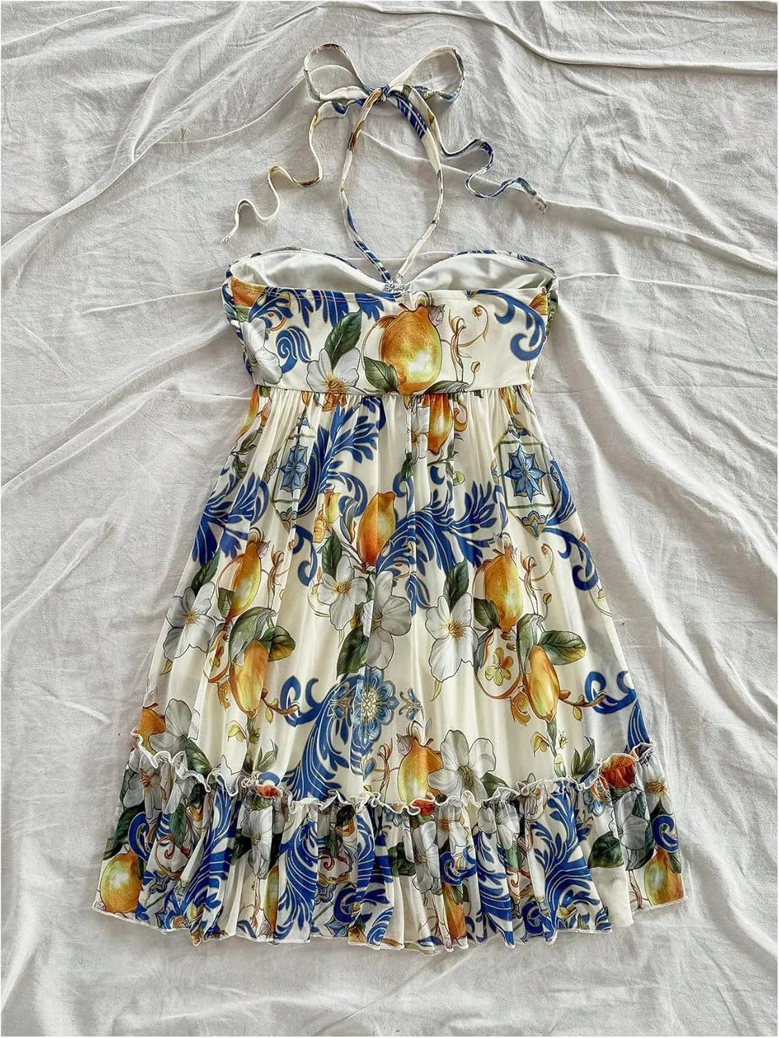 MakeMeChic Women's Paisley Print Halter Tie Back Sleeveless Ruched A Line Mini Dress