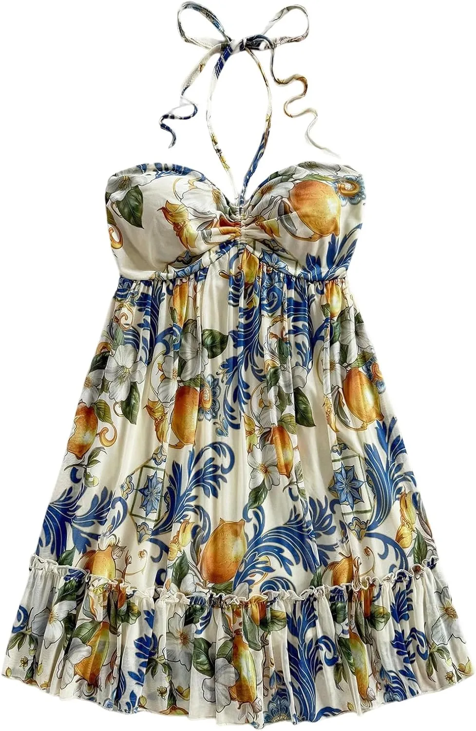 MakeMeChic Women's Paisley Print Halter Tie Back Sleeveless Ruched A Line Mini Dress