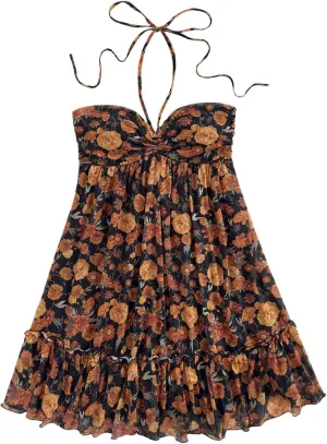 MakeMeChic Women's Paisley Print Ruched Halter Mini Dress Ruffle Tiered A Line Boho Dresses