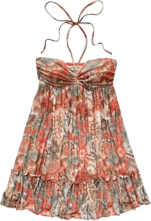 MakeMeChic Women's Paisley Print Ruched Halter Mini Dress Ruffle Tiered A Line Boho Dresses