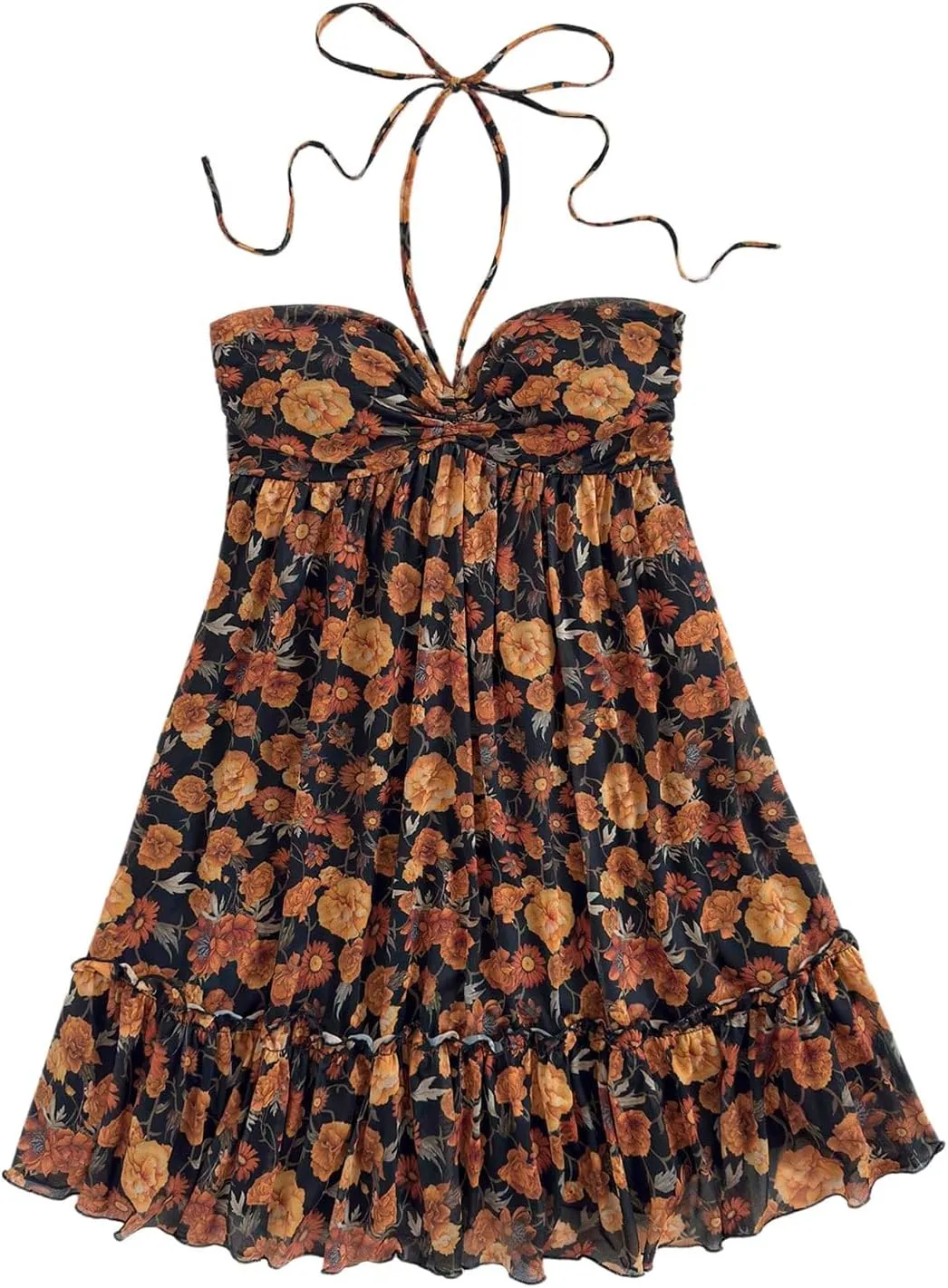 MakeMeChic Women's Paisley Print Ruched Halter Mini Dress Ruffle Tiered A Line Boho Dresses