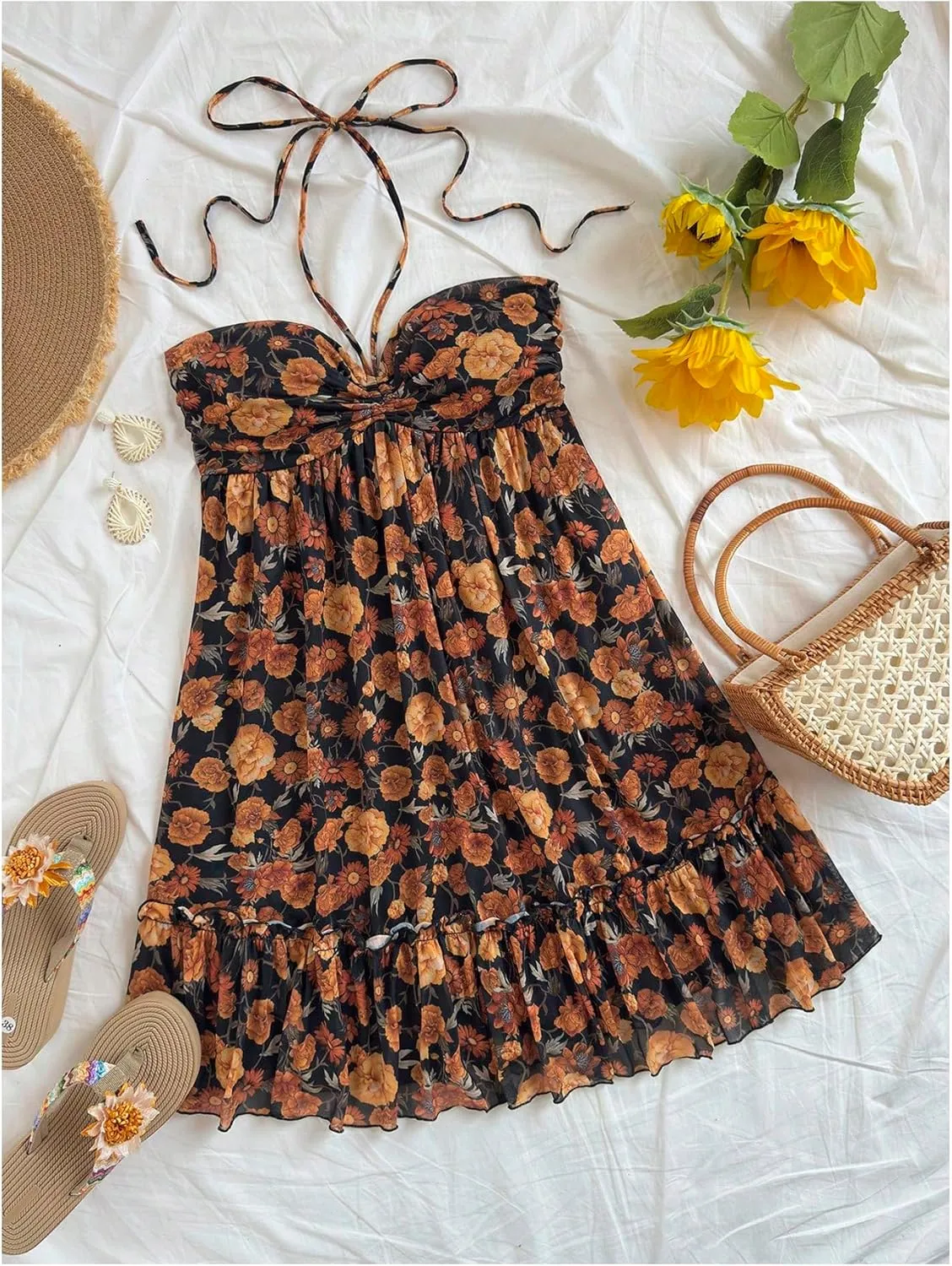 MakeMeChic Women's Paisley Print Ruched Halter Mini Dress Ruffle Tiered A Line Boho Dresses