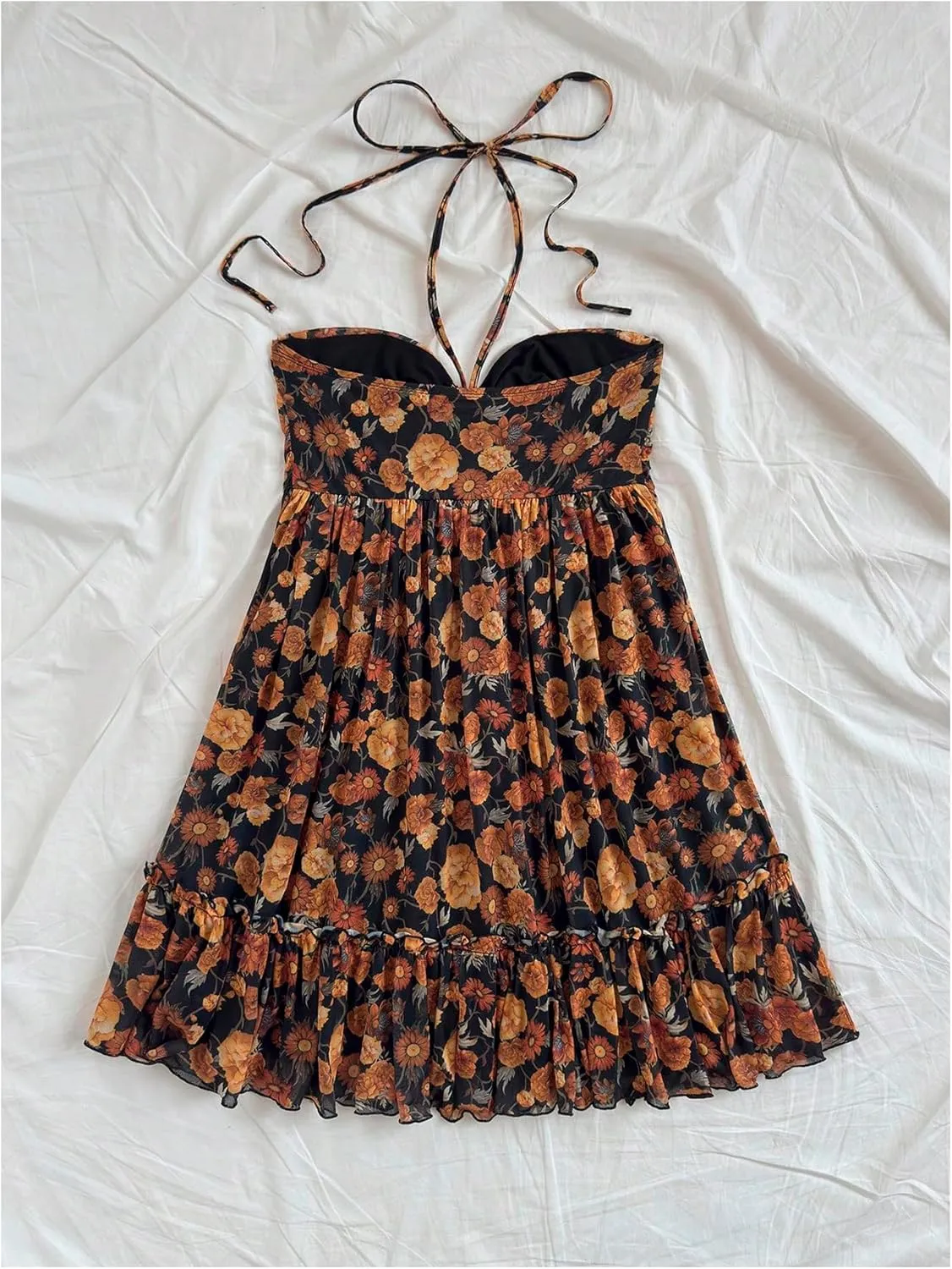 MakeMeChic Women's Paisley Print Ruched Halter Mini Dress Ruffle Tiered A Line Boho Dresses