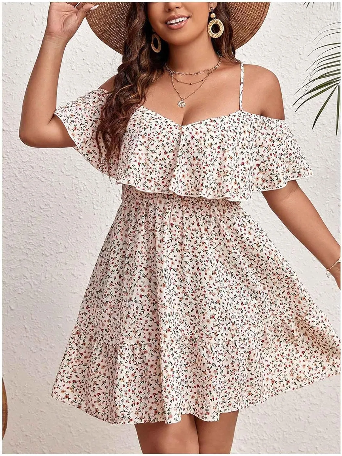 MakeMeChic Women's Plus Size Cold Shoulder Dress Short Sleeve Flowy Ruffle Floral Mini Sundress