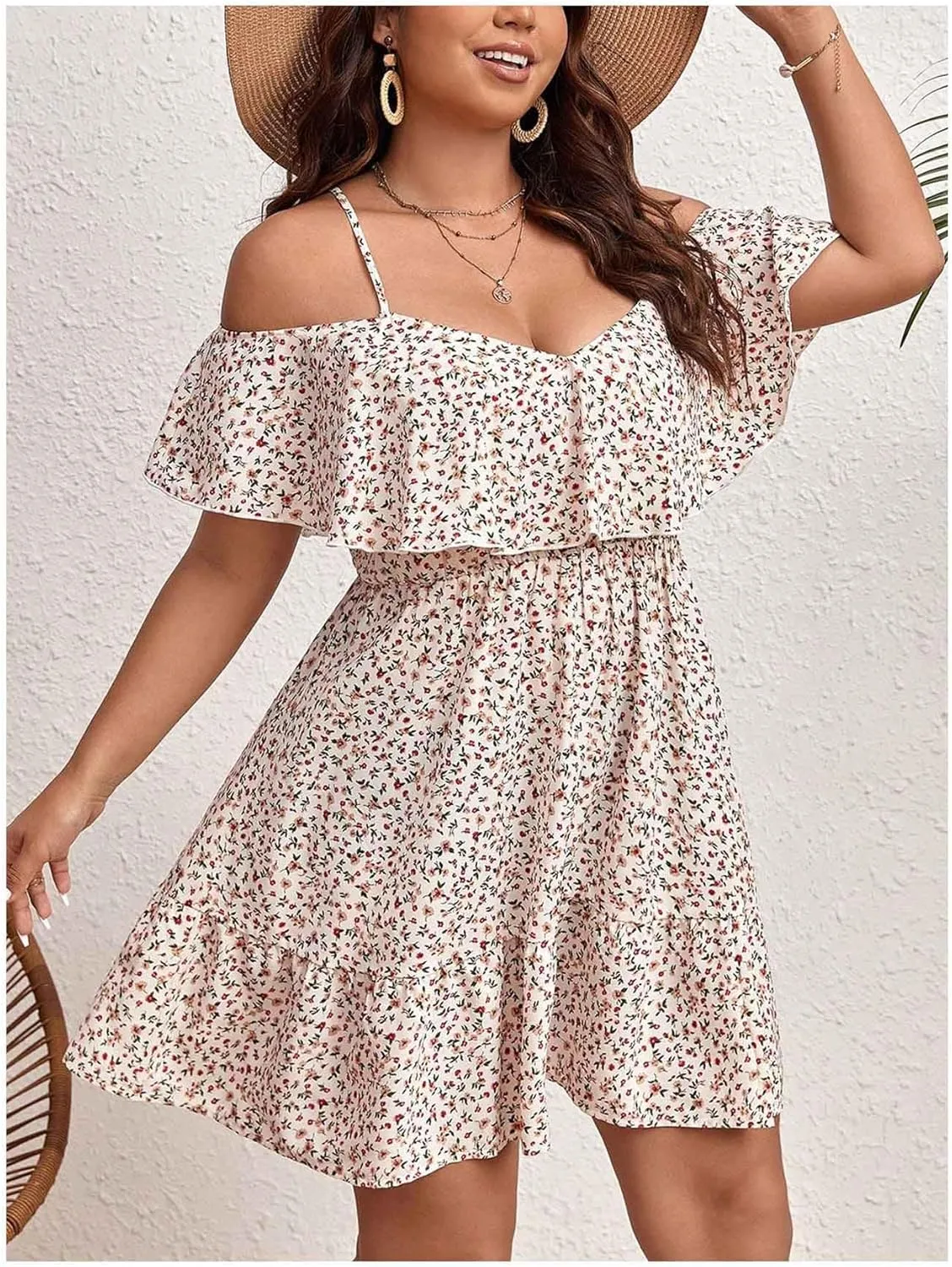 MakeMeChic Women's Plus Size Cold Shoulder Dress Short Sleeve Flowy Ruffle Floral Mini Sundress