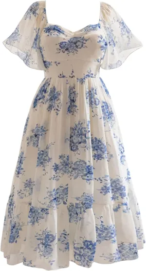 MakeMeChic Women's Plus Size Dress Floral Square Neck Short Sleeve A Line Shirred Boho Maxi Dresses