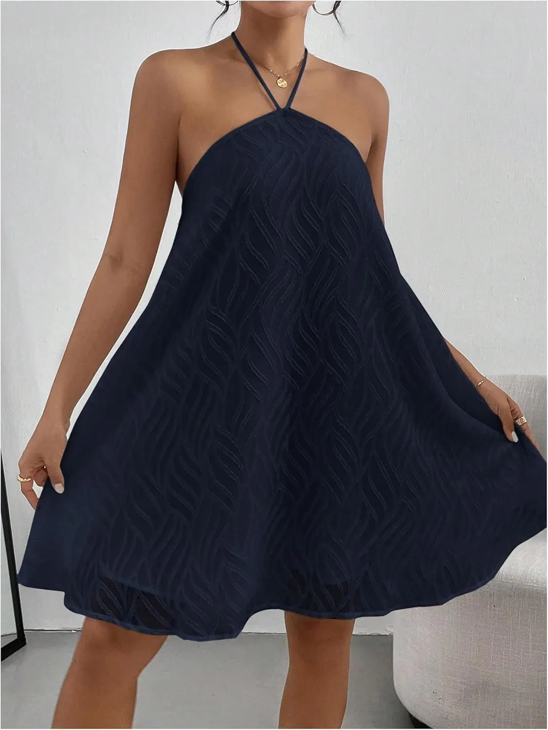 MakeMeChic Women's Summer Mini Dress Sleeveless Tie Back Halter Flowy Short Dress
