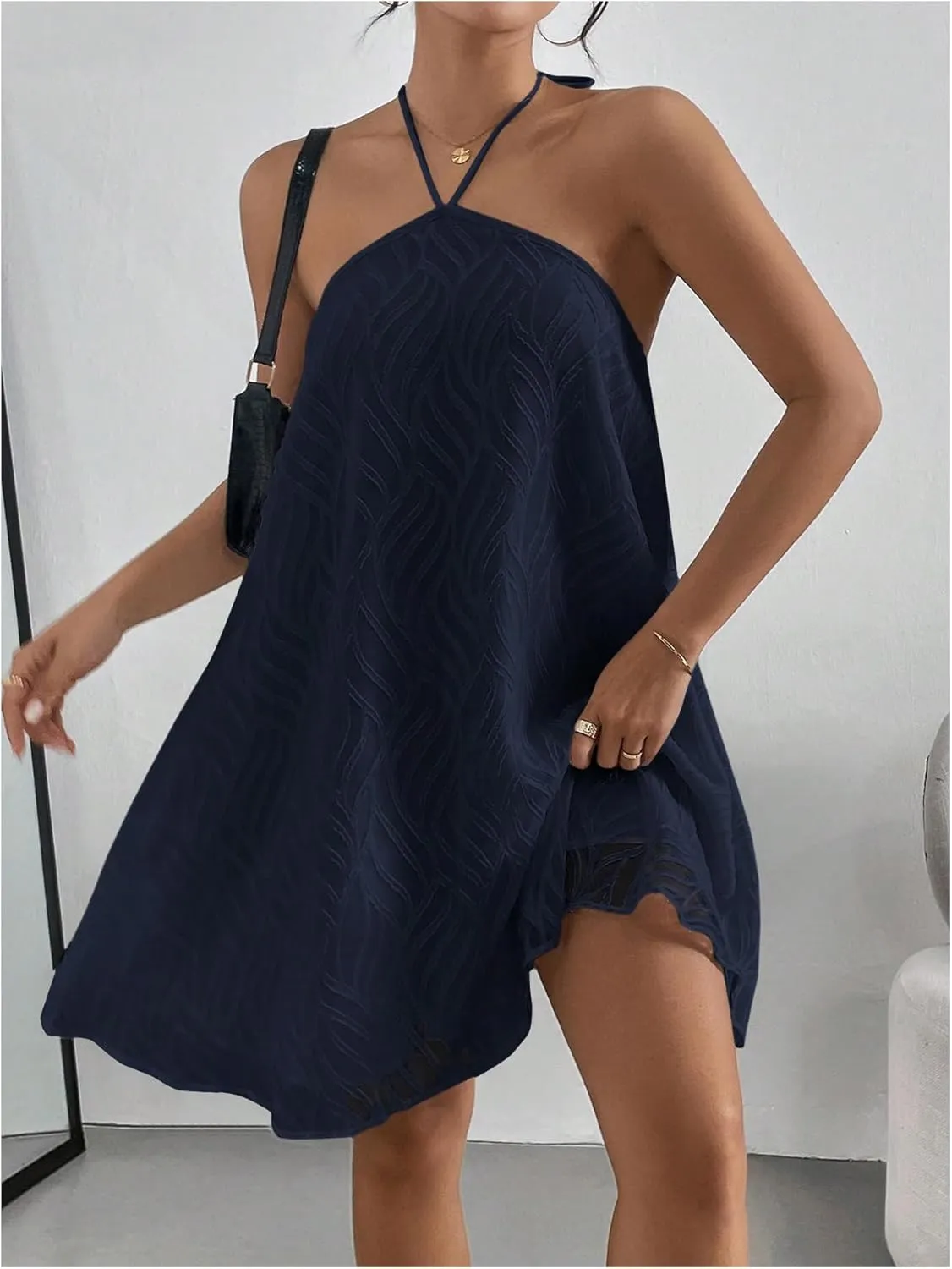MakeMeChic Women's Summer Mini Dress Sleeveless Tie Back Halter Flowy Short Dress