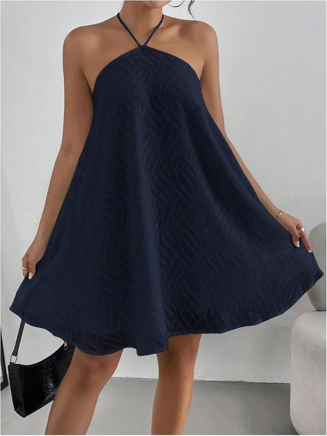 MakeMeChic Women's Summer Mini Dress Sleeveless Tie Back Halter Flowy Short Dress