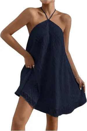 MakeMeChic Women's Summer Mini Dress Sleeveless Tie Back Halter Flowy Short Dress