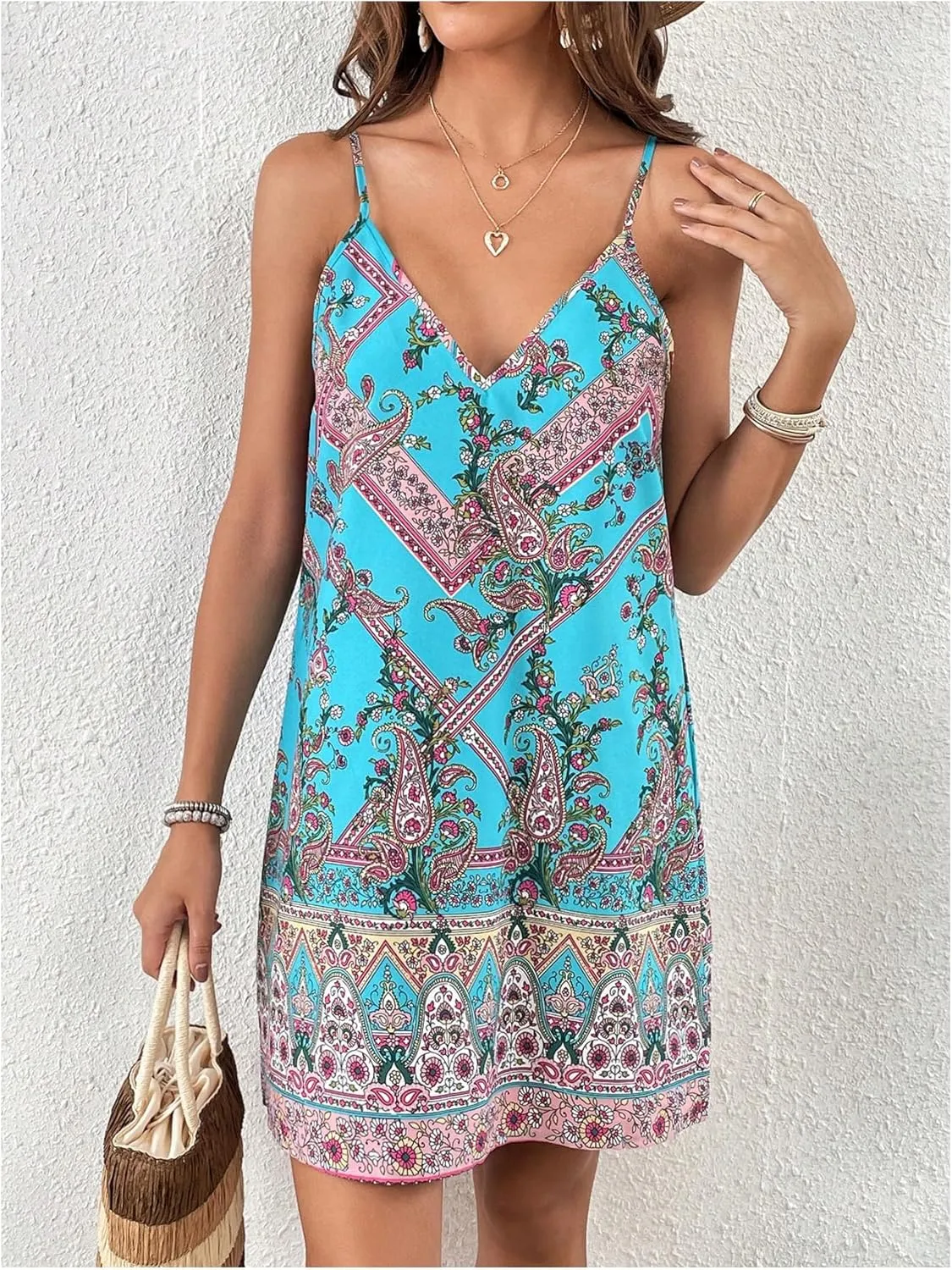 MakeMeChic Women's Summer Sleeveless V Neck Dress Boho Floral Backless Mini Cami Sundress