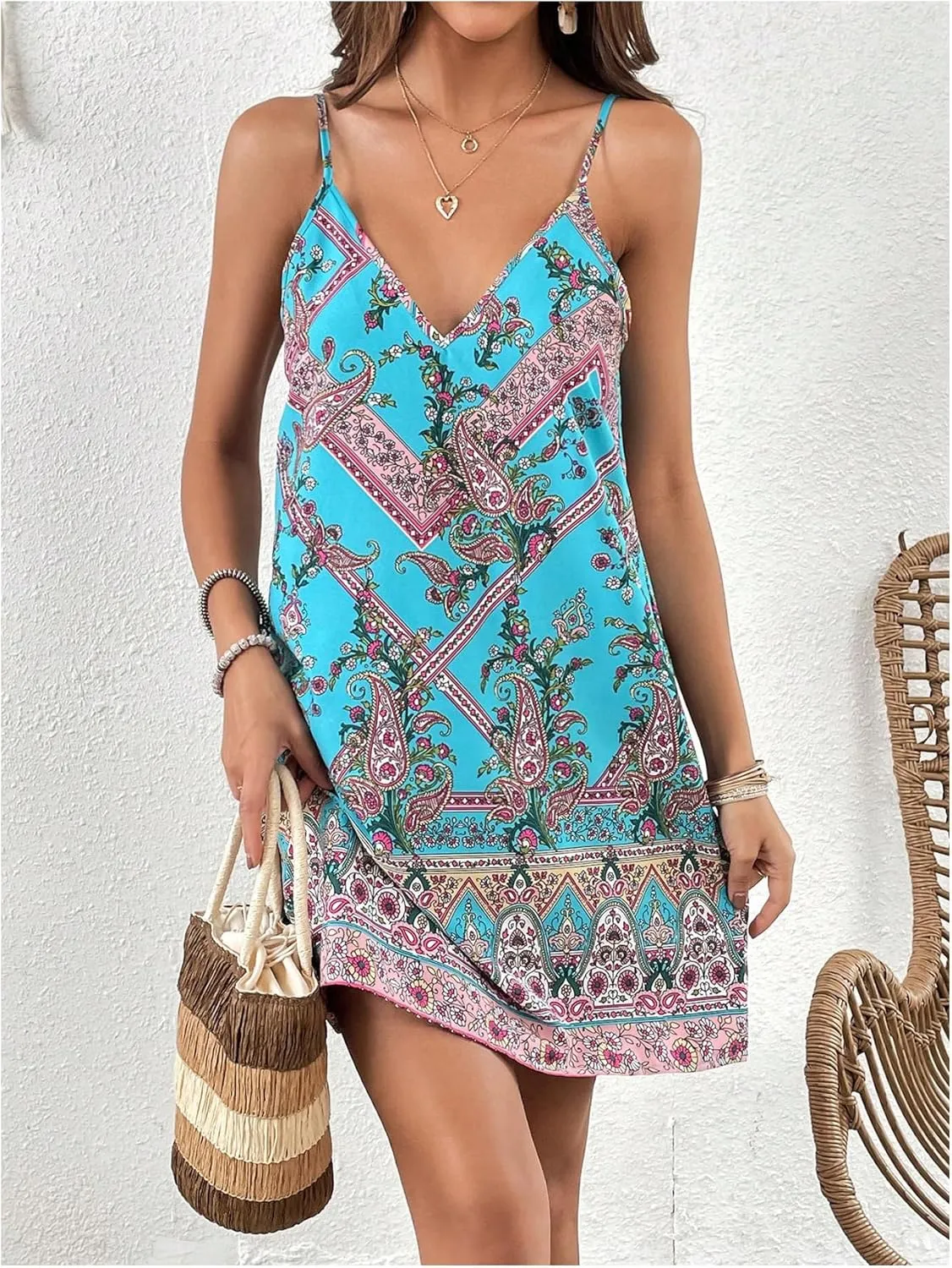 MakeMeChic Women's Summer Sleeveless V Neck Dress Boho Floral Backless Mini Cami Sundress