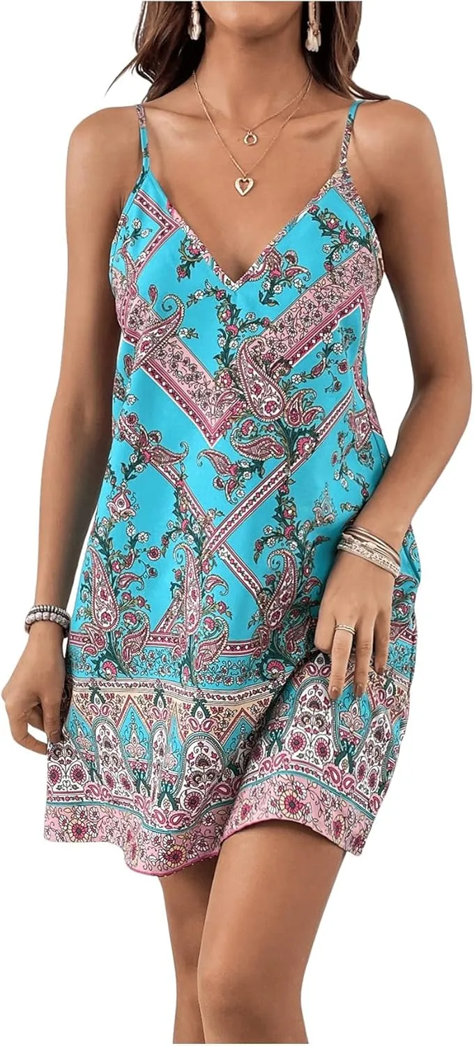 MakeMeChic Women's Summer Sleeveless V Neck Dress Boho Floral Backless Mini Cami Sundress