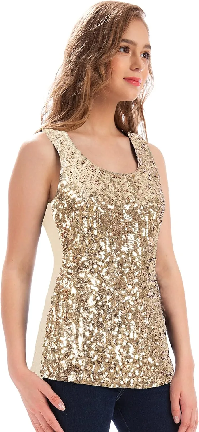 MANER Women's Sequin Tops Sleeveless Glitter Gradient Tank Club Party Vest XS-3XL