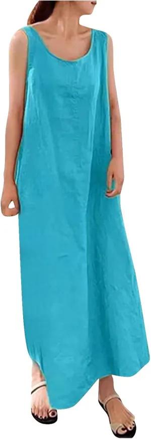Maxi Dress for Women,2023 Spring Summer Cotton Linen Boho Casual Fashion Sleeveless Dress for Holiday