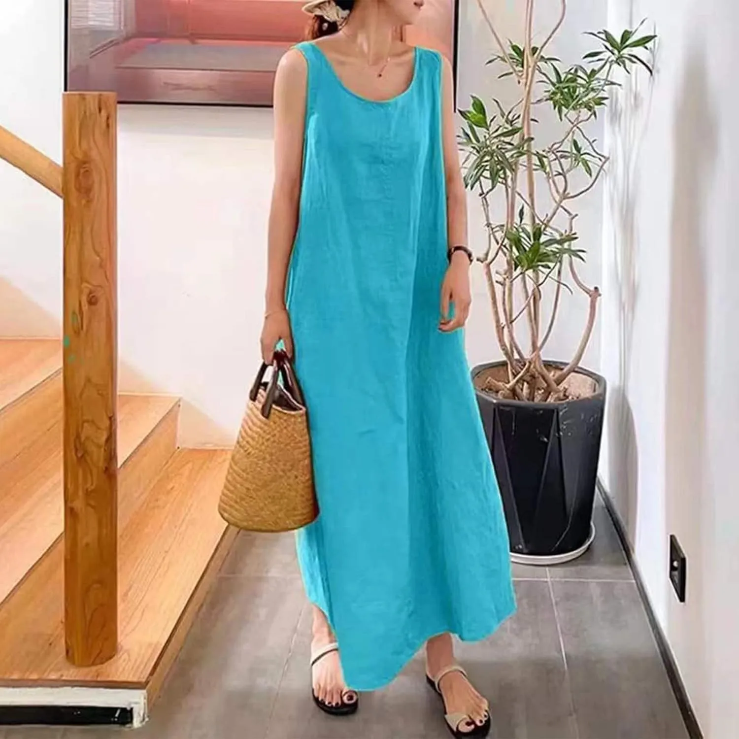 Maxi Dress for Women,2023 Spring Summer Cotton Linen Boho Casual Fashion Sleeveless Dress for Holiday