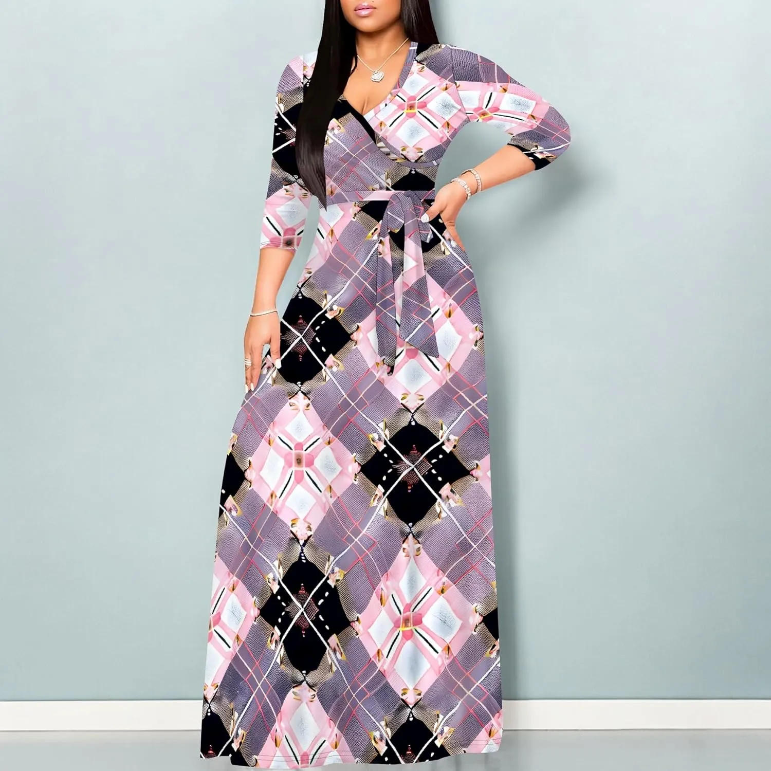 Maxi Dress Women Casual Print Waist wrap Long Dress Sexy V-Neck 3/4 Sleeve Wedding Guest Cocktail S-3XL
