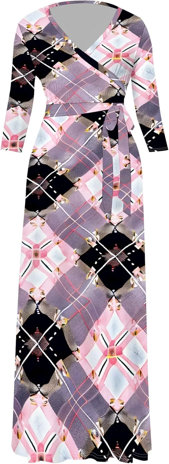 Maxi Dress Women Casual Print Waist wrap Long Dress Sexy V-Neck 3/4 Sleeve Wedding Guest Cocktail S-3XL