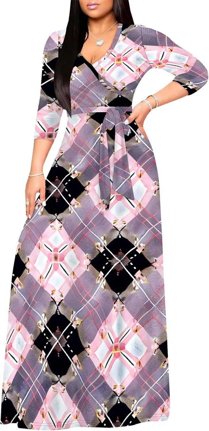 Maxi Dress Women Casual Print Waist wrap Long Dress Sexy V-Neck 3/4 Sleeve Wedding Guest Cocktail S-3XL