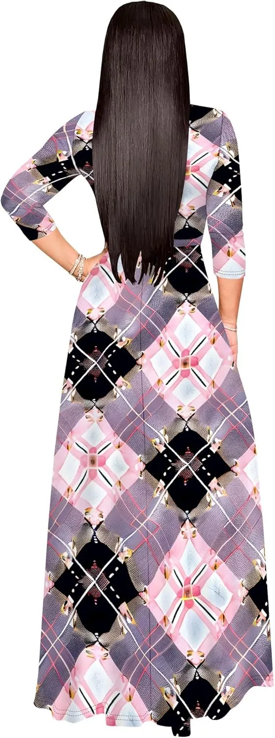 Maxi Dress Women Casual Print Waist wrap Long Dress Sexy V-Neck 3/4 Sleeve Wedding Guest Cocktail S-3XL