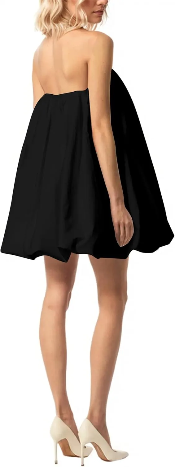 Meladyan Womens Polka Dot Bubble Mini Dress Strapless Backless Loose Fit Tube Dress Elegant Pleated Elastic Beach Dress