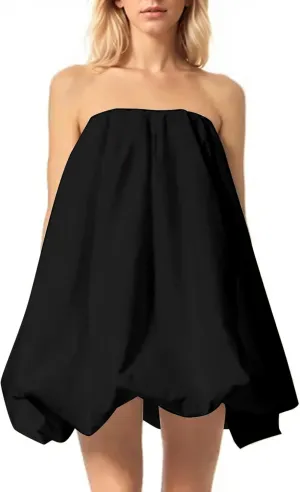 Meladyan Womens Polka Dot Bubble Mini Dress Strapless Backless Loose Fit Tube Dress Elegant Pleated Elastic Beach Dress