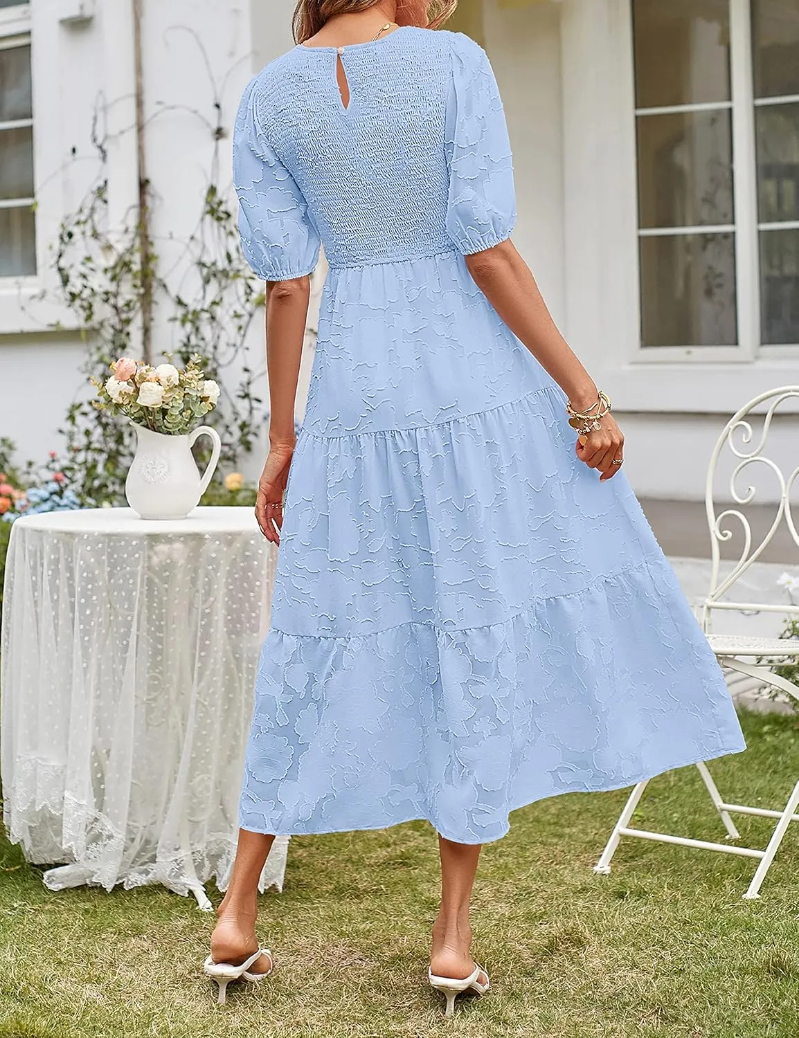 MEROKEETY Women's 2025 Summer Puff Sleeve Smocked Floral Dress Crewneck Lace Flowy Tiered Midi Dresses