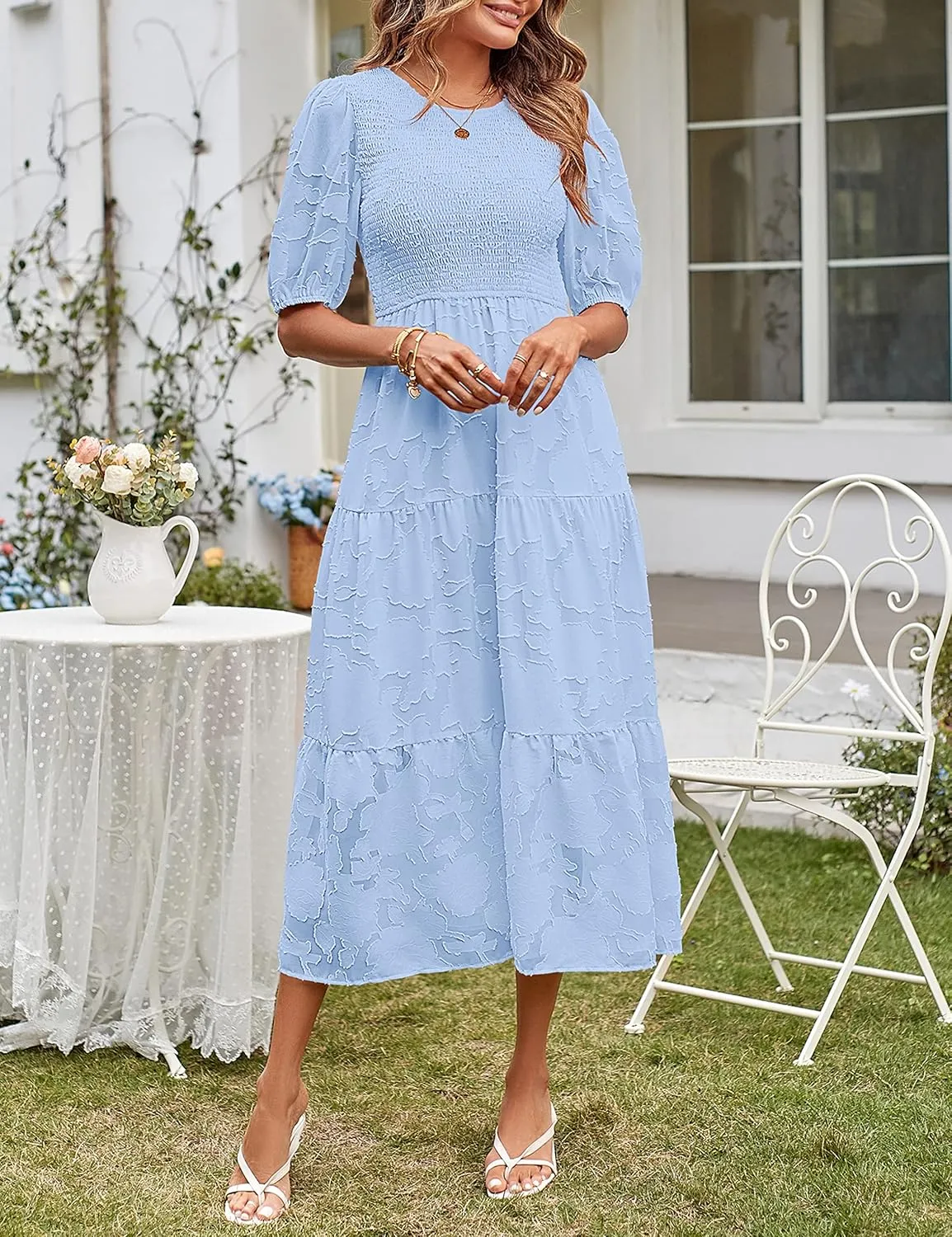 MEROKEETY Women's 2025 Summer Puff Sleeve Smocked Floral Dress Crewneck Lace Flowy Tiered Midi Dresses