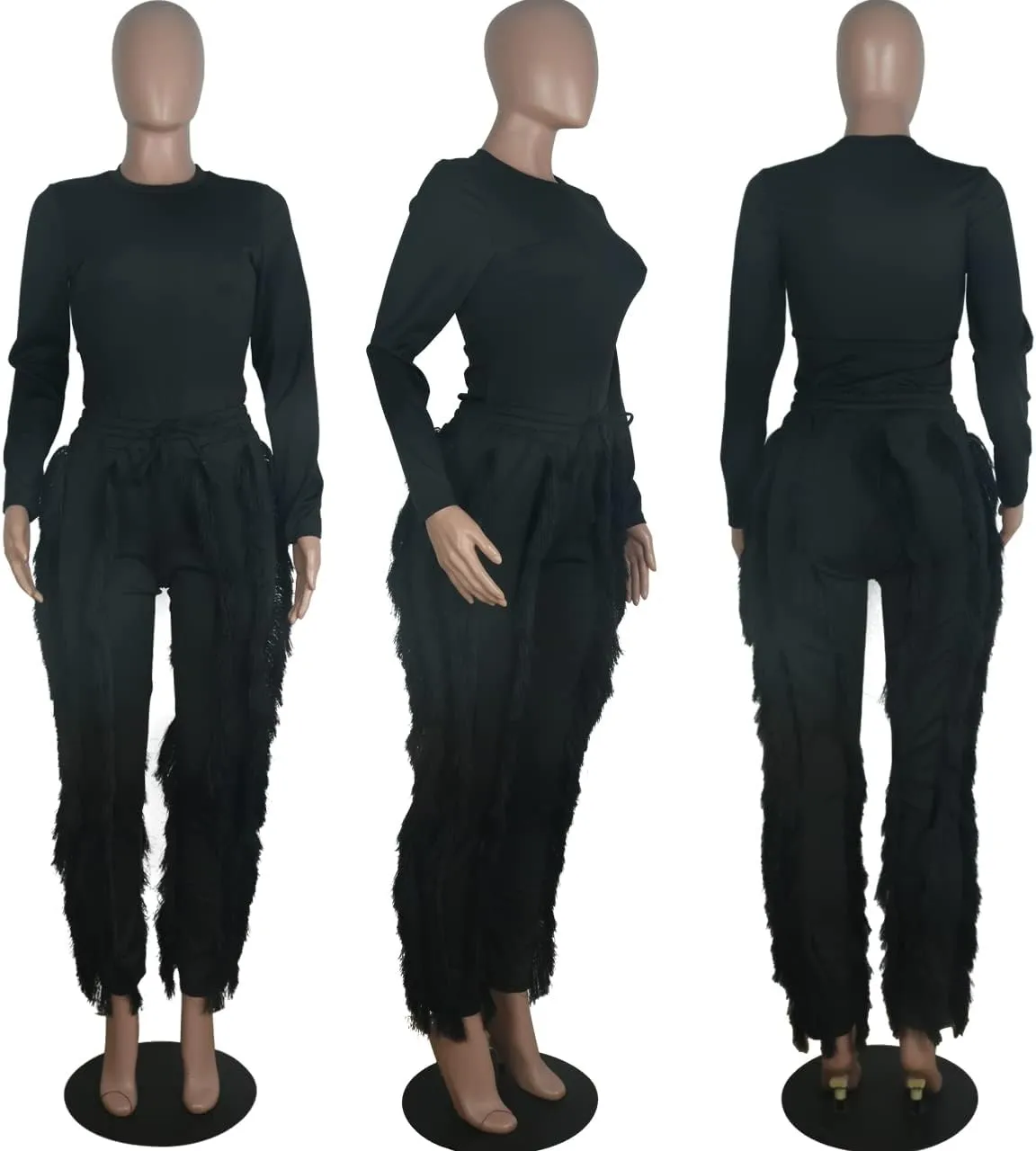 MESLIMA Casual 2 Pieces Outfits for Women Round Collar Long Sleeve Bodysuits with Fringe Long Pants Set Jumpsuits