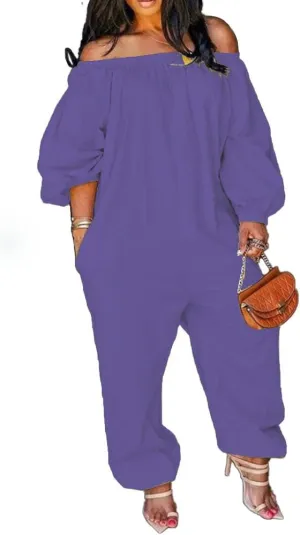 MESLIMA Women's Loose Fit Elastic Off Shoulder Beam Foot Long Sleeve Jumpsuit Rompers with Pockets Plus Size