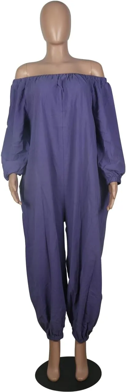 MESLIMA Women's Loose Fit Elastic Off Shoulder Beam Foot Long Sleeve Jumpsuit Rompers with Pockets Plus Size