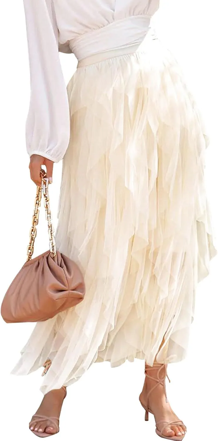 miduo Womens Fashion Casual High Waist Elastic Waist Tutu Ruffle Tiered Tulle Midi Skirts A Line Skirts