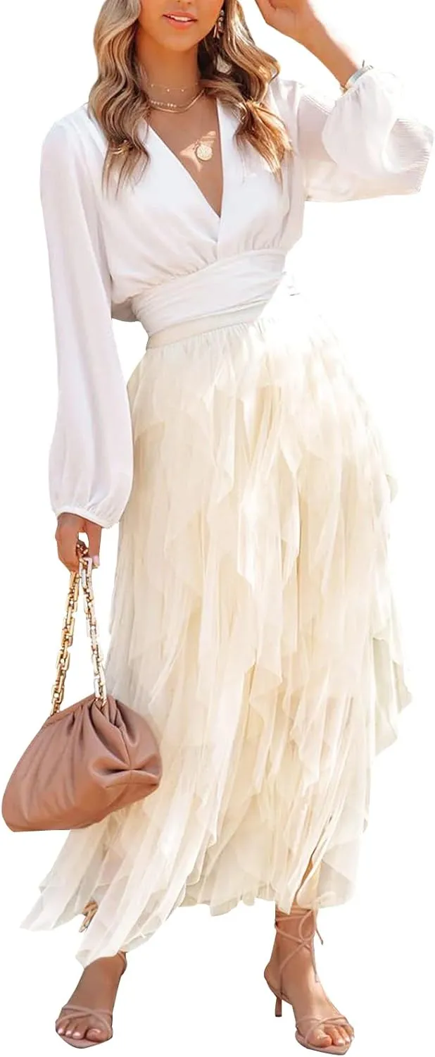 miduo Womens Fashion Casual High Waist Elastic Waist Tutu Ruffle Tiered Tulle Midi Skirts A Line Skirts