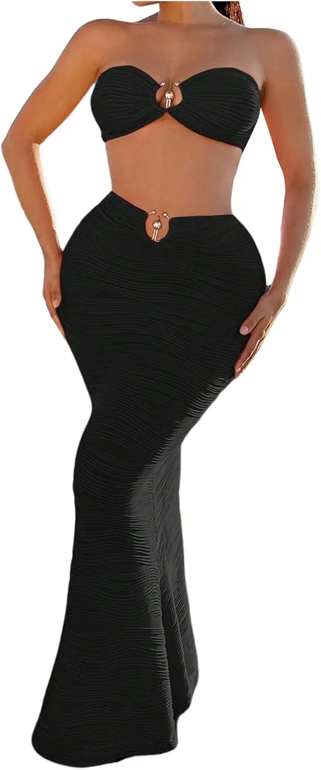 Milumia Women's 2 Piece Skirt Set Ring Linked Textured Bandeau Top and Maxi Skirt