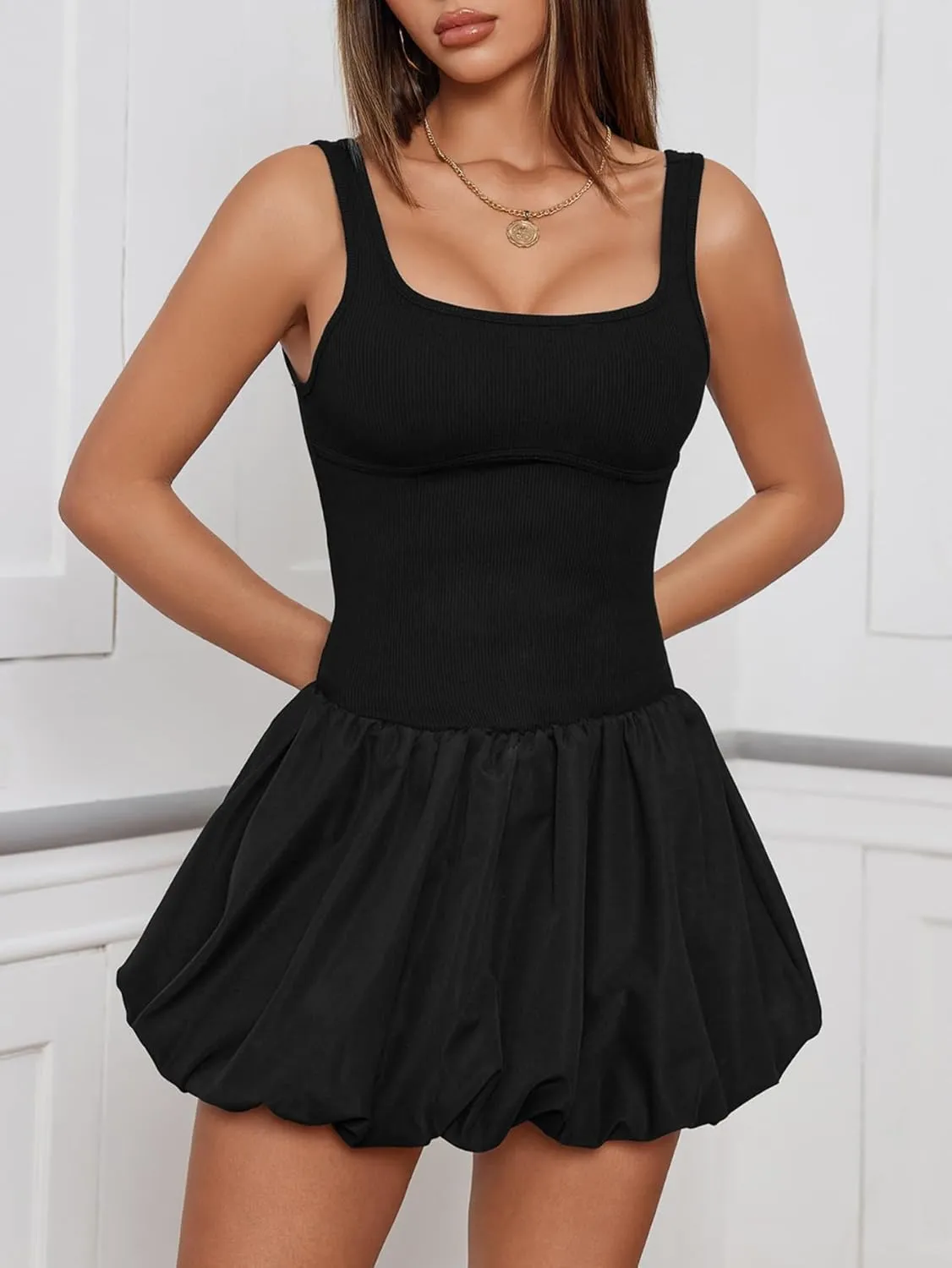 Milumia Women's Bubble Tank Mini Dress Scoop Neck Sleeveless Ruffle A line Short Dresses