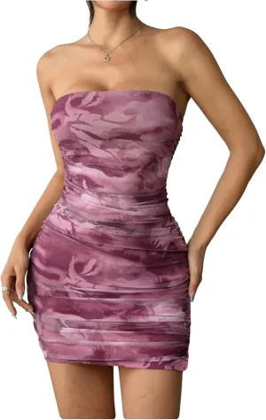 Milumia Women's Floral Print Strapless Bodycon Mini Dress Mesh Ruched Tube Top Dresses