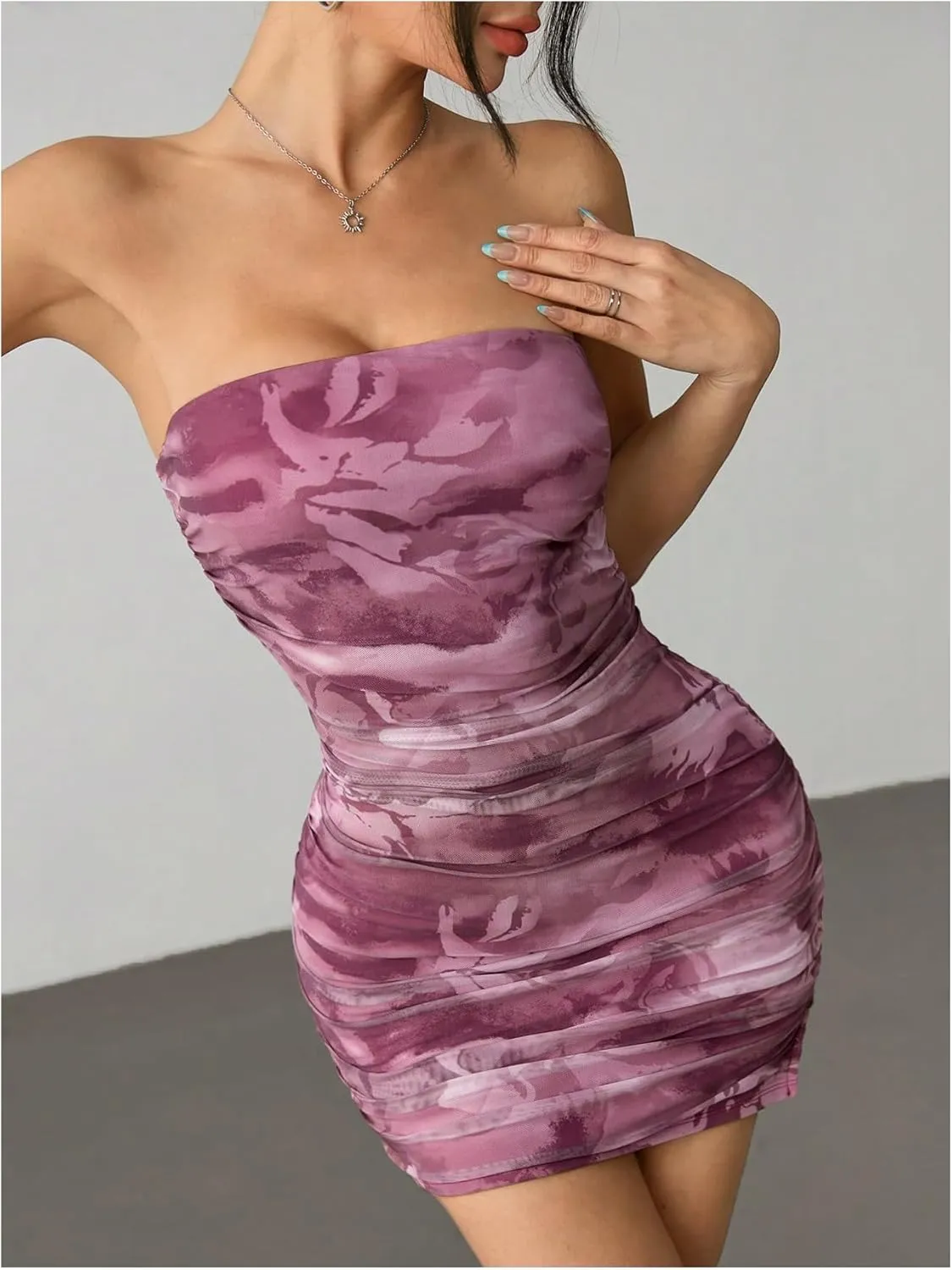 Milumia Women's Floral Print Strapless Bodycon Mini Dress Mesh Ruched Tube Top Dresses