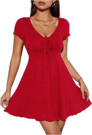 Milumia Women's Petite Knot Front V Neck Short Sleeve Flare Dress Ruched A Line Mini Dresses