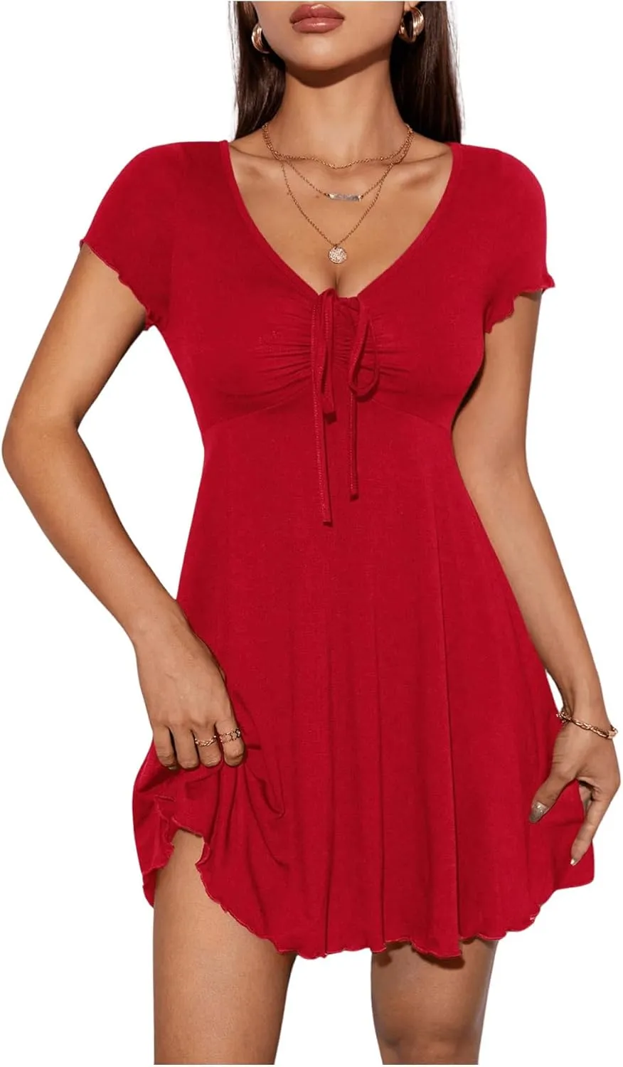 Milumia Women's Petite Knot Front V Neck Short Sleeve Flare Dress Ruched A Line Mini Dresses