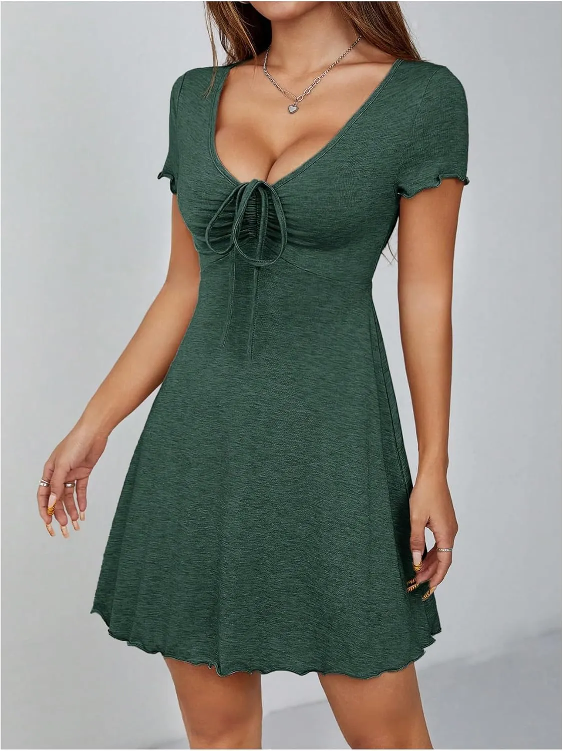 Milumia Women's Petite Knot Front V Neck Short Sleeve Flare Dress Ruched A Line Mini Dresses