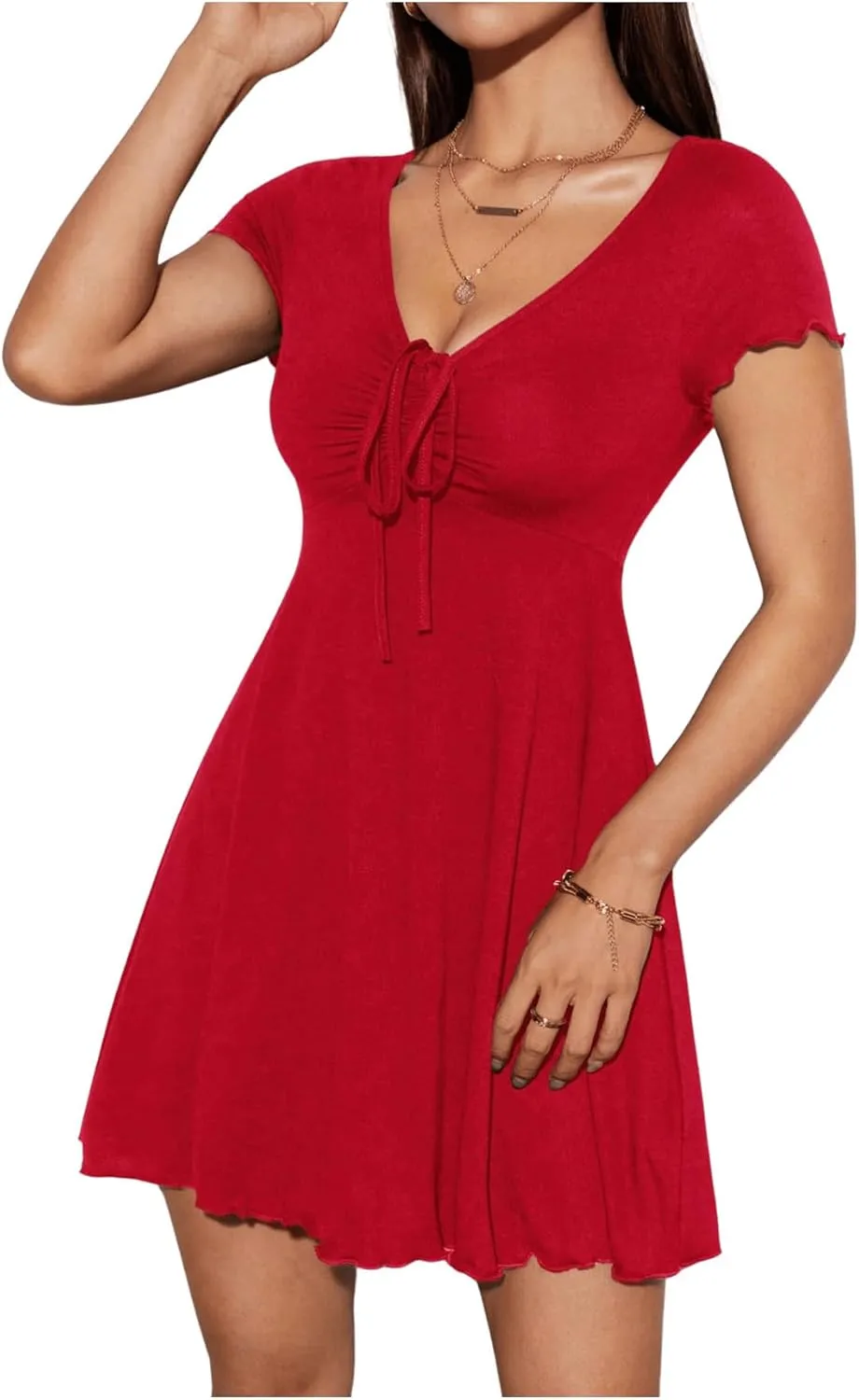 Milumia Women's Petite Knot Front V Neck Short Sleeve Flare Dress Ruched A Line Mini Dresses