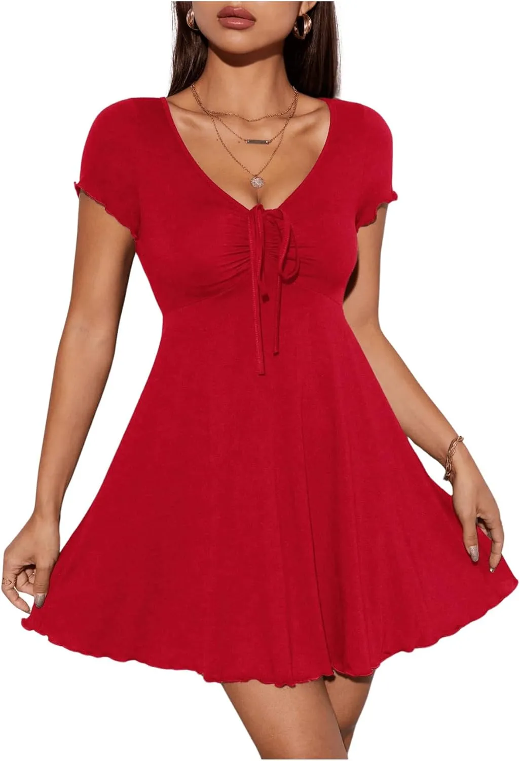 Milumia Women's Petite Knot Front V Neck Short Sleeve Flare Dress Ruched A Line Mini Dresses