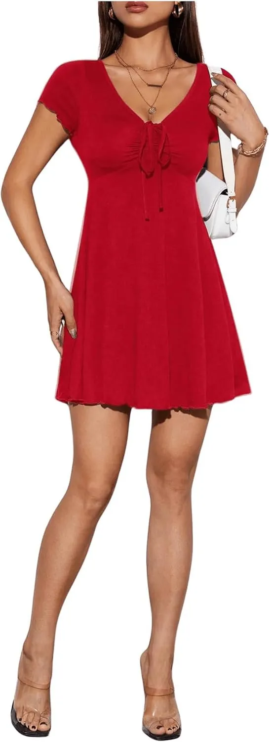 Milumia Women's Petite Knot Front V Neck Short Sleeve Flare Dress Ruched A Line Mini Dresses