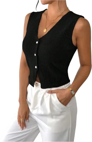 Milumia Women's Textured Button Down V Neck Vest Top Split Hem Sleeveless Tank Tops