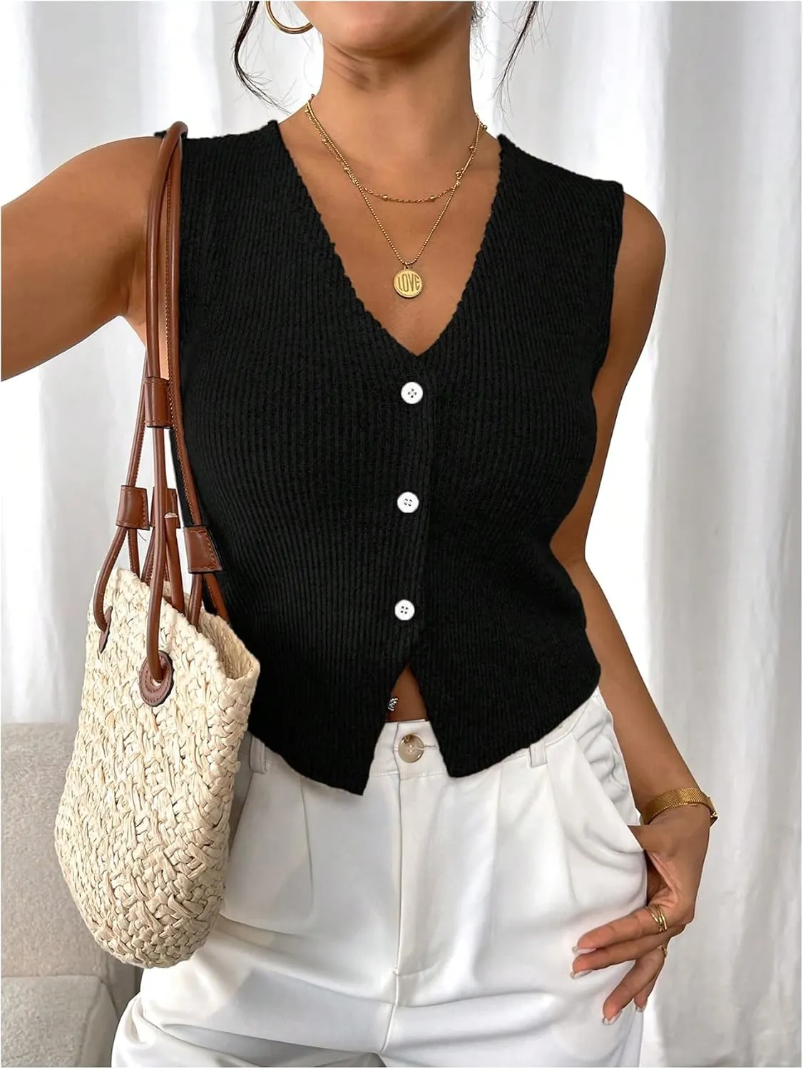 Milumia Women's Textured Button Down V Neck Vest Top Split Hem Sleeveless Tank Tops